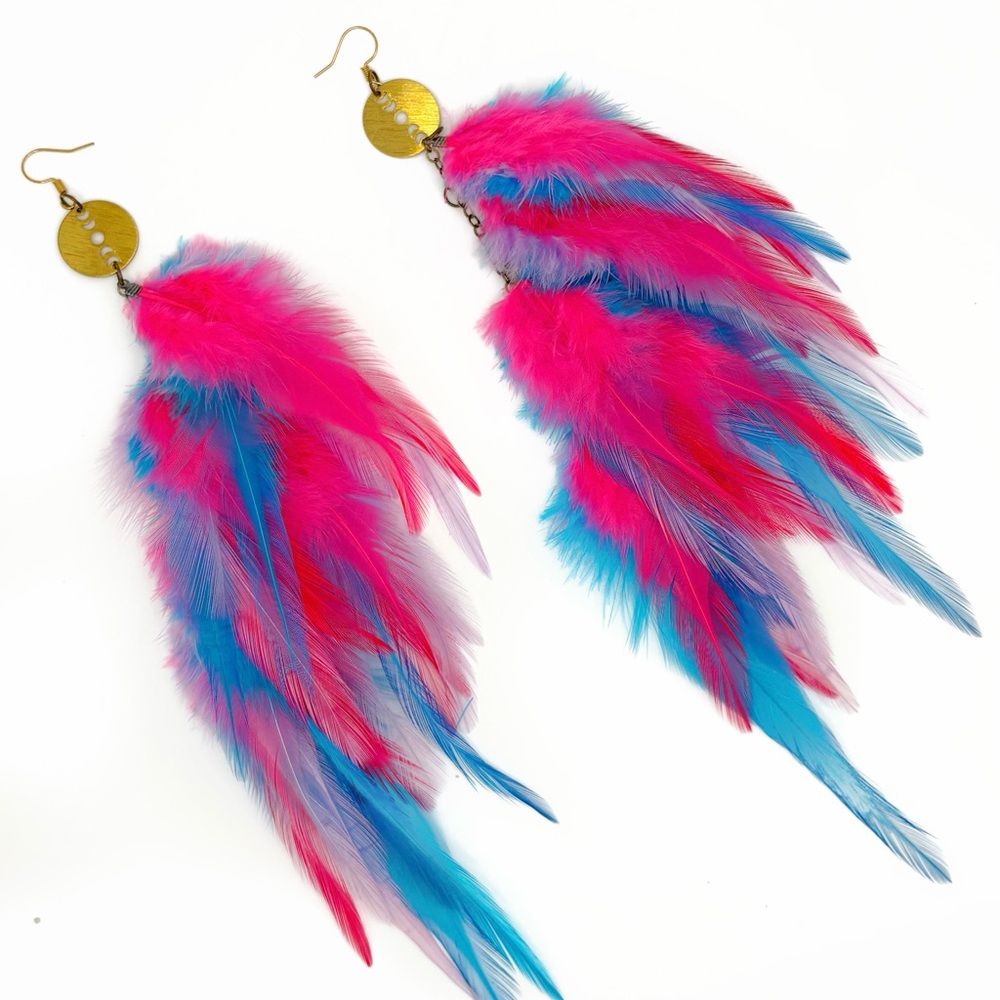 Vibrant Feather Earrings in bright pink and blue with gold pendants